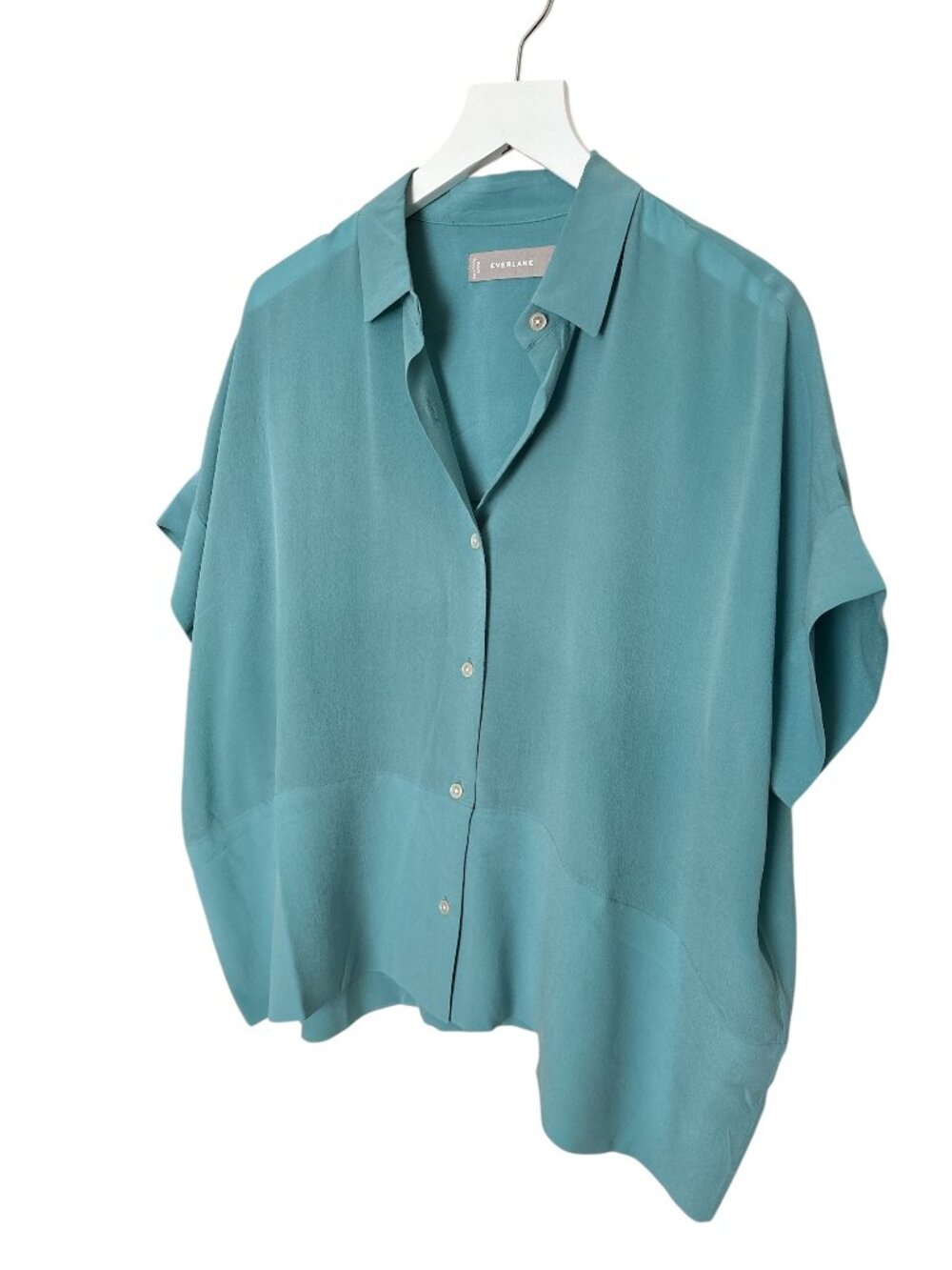 Everlane The Clean Silk (washable) Short-Sleeve Square Shirt, Size 0, Turquoise